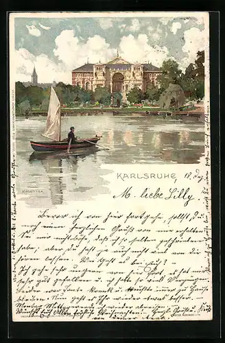Künstler-AK Karlsruhe, Ufer mit Bootspartie