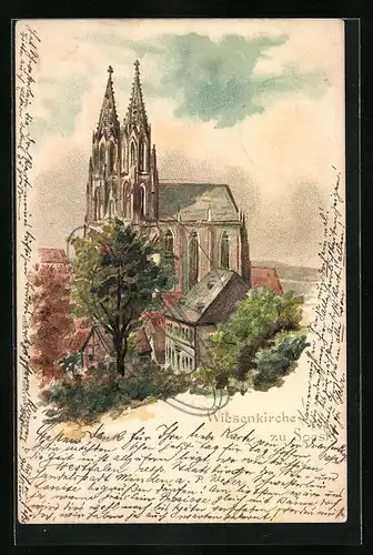 Lithographie Soest, Ansicht der Wiesenkirche