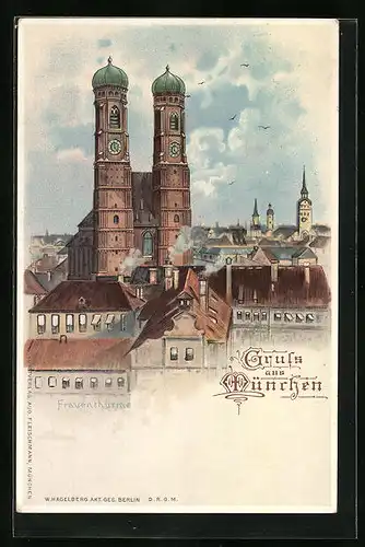 Lithographie München, Totalansicht mit den Frauenthürmen