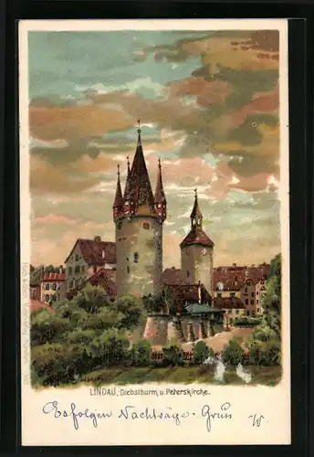 Lithographie Lindau, Diebsthurm und Peterskirche
