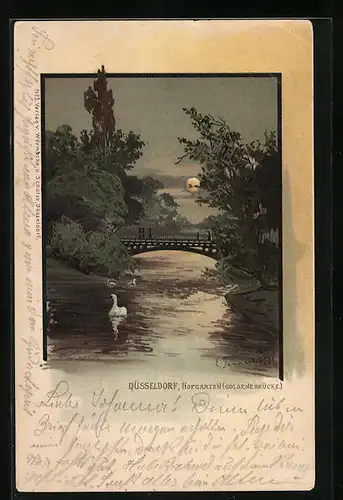 Mondschein-Lithographie Düsseldorf, Hofgarten mit Schwänen