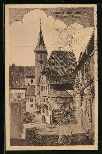 Künstler-AK Mosbach i. Baden, Ortsansicht mit Kirche