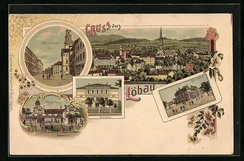 Lithographie Löbau, Ortsansicht mit Kirche