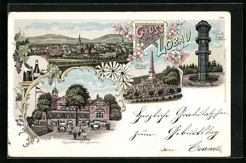 Lithographie Löbau, Ortsansicht mit Kirche und Sieges-Denkmal