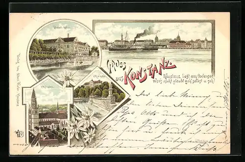 Lithographie Konstanz, Totalansicht mit Münster und Mainau