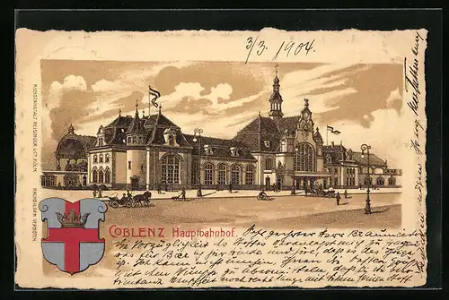 Lithographie Coblenz, Hauptbahnhof mit Wappen