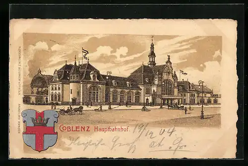 Lithographie Coblenz, Hauptbahnhof mit Wappen