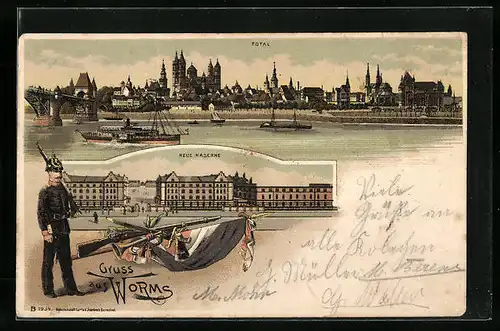 Lithographie Worms, Totalansicht mit Neuer Kaserne