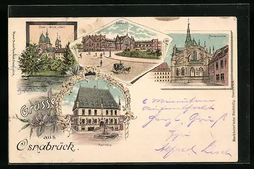 Lithographie Osnabrück, Totalansicht mit Bahnhof und Rathaus