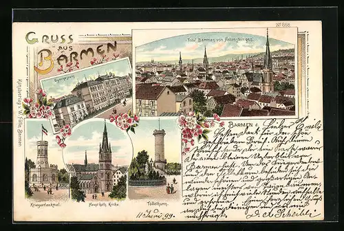 Lithographie Barmen, Totalansicht mit Kriegerdenkmal