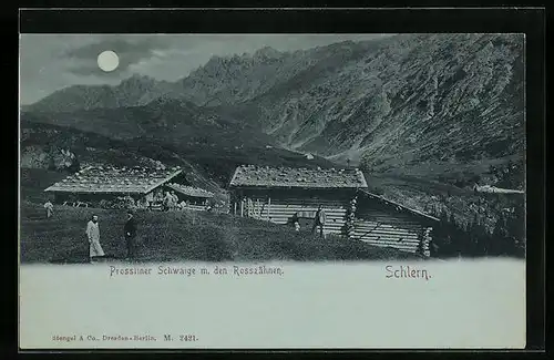 Mondschein-AK Kastelruth, Prossliner Schwaige mit den Rosszähnen