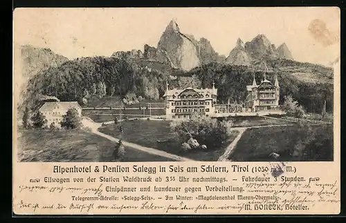 AK Seis a. Schlern, Alpenhotel und Pension Salegg mit Bergpanorama