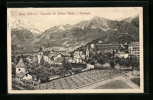 AK Meran-Obermais, Panorama mit Schloss Winkel und Vinschgau