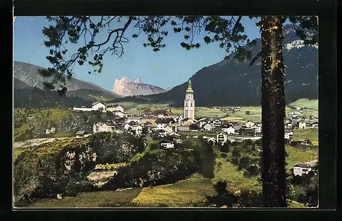 AK Kastelruth, Panorama mit Kirche und Baum
