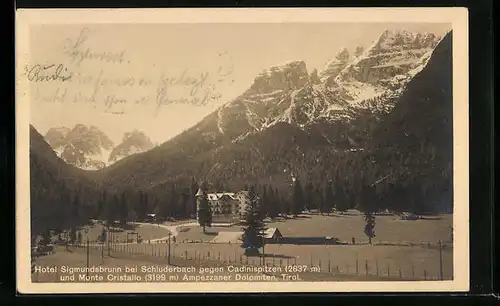 AK Schluderbach, Hotel Sigmundsbrunn gegen Cadinispitzen und Monte Cristallo, Ampezzaner Dolomiten