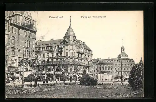 AK Düsseldorf, Partie am Wilhelmplatz mit Cafe und Reisebüro, Strassenbahn