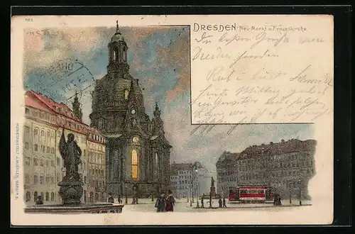 Lithographie Dresden, Neu-Markt mit Frauenkirche und Strassenbahn