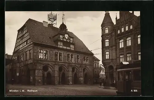 AK Minden i. W., Rathaus mit Strassenbahn