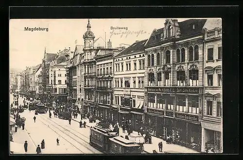 AK Magdeburg, Strasse Breiteweg mit Geschäften und Strassenbahn