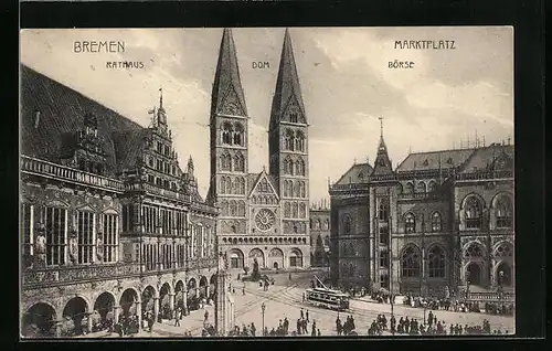 AK Bremen, Marktplatz mit Börse, Rathaus und Dom, Strassenbahn