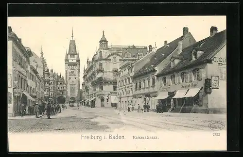 AK Freiburg i. Baden, Kaiserstrasse mit Hotel Breisgauer Hof und Strassenbahn