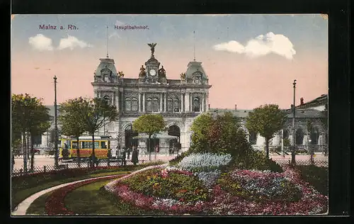 AK Mainz a. Rh., Hauptbahnhof mit Strassenbahn