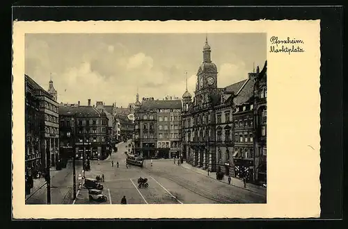 AK Pforzheim, Marktplatz mit Geschäften und Strassenbahn