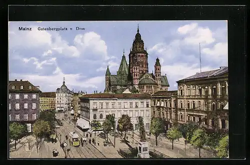 AK Mainz, Gutenbergplatz und Dom mit Strassenbahn