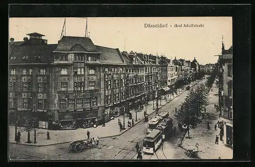 AK Düsseldorf, Graf Adolfstrasse mit Cafe Corso und Strassenbahn