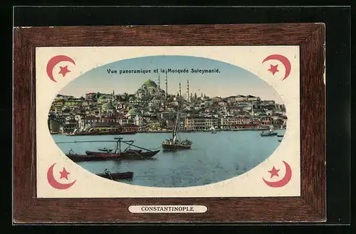 Präge-AK Constantinople, Vue panoramique et la Mosquée Suleymanié, Passepartout