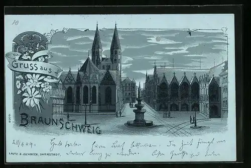 Mondschein-Lithographie Braunschweig, Partie an der Doppelturmkirche