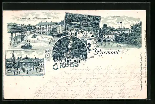 Lithographie Pyrmont, Partie an der Stahltinkhalle, das Schloss, Gasthaus