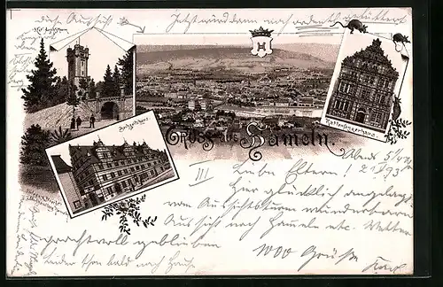 Lithographie Hameln, Totalansicht, Partie am Hochzeitshaus, Rattenfängerhaus