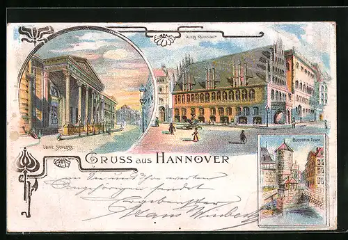 Lithographie Hannover, Blick auf das Alte Rathaus, Beduinenturm