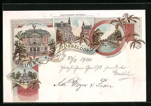 Lithographie Düsseldorf, Partie an der Kunsthalle, Königsalle, Brunnen