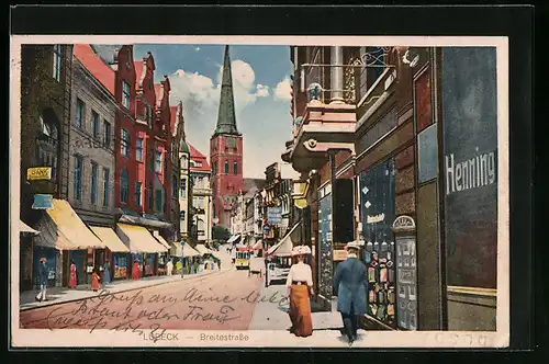 AK Lübeck, Blick in die Breitestrasse mit Strassenbahn