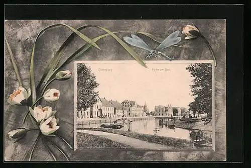 AK Oldenburg, Partie am Stau im floralen Rahmen