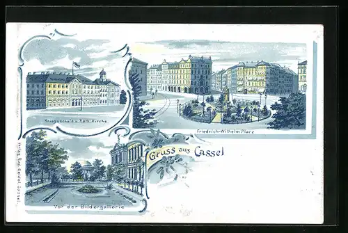 Lithographie Cassel, Partie an der Kriegsschule und Kath. Kirche, Friedrich-Wilhelm-Platz