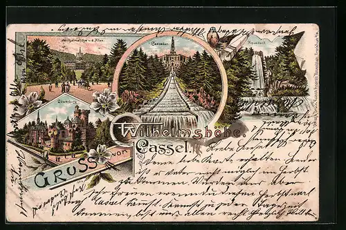 Lithographie Cassel, Blick auf die Cascaden, Löwenburg