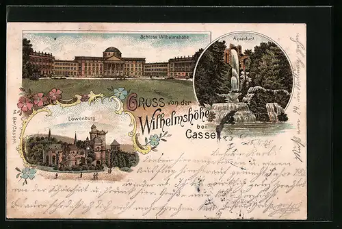 Lithographie Wilhelmshöhe b. Cassel, Blick auf das Schloss Wilhelmshöhe, Aquadukt