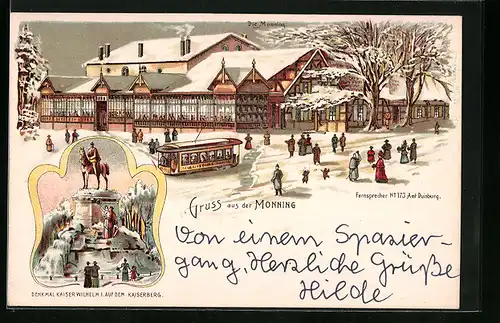 Lithographie Monning, Strassenpartie mit Strassenbahn, Denkmal Kaiser Wilhelm I.