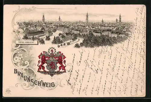 Lithographie Braunschweig, Totalansicht aus der Vogelschau, Wappen