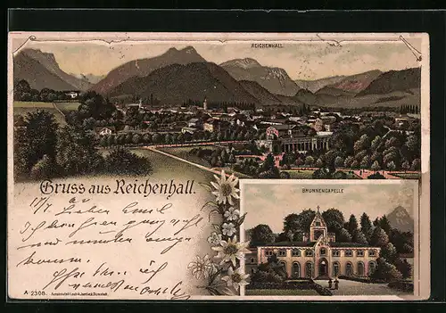 Lithographie Reichenhall, Ortsansicht vor Bergpanorama, Brunnencapelle