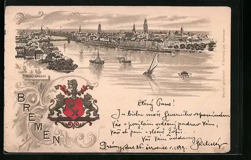Lithographie Bremen, Totalansicht mit Schiffen, Wappen