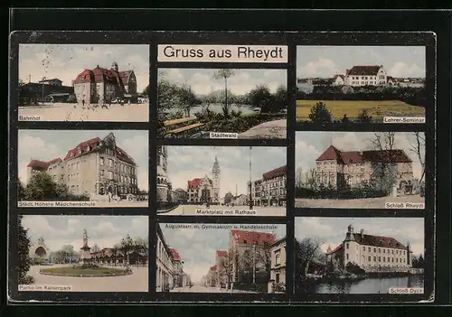 AK Rheydt, Blick auf den Bahnhof, Schloss, Partie am Kaiserpark