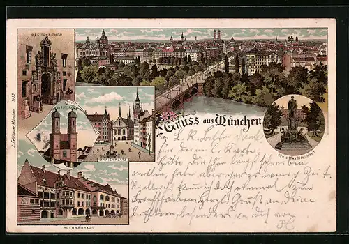 Lithographie München, Totalansicht, Aussenansicht Hofbräuhaus, Gasthof, Marienplatz