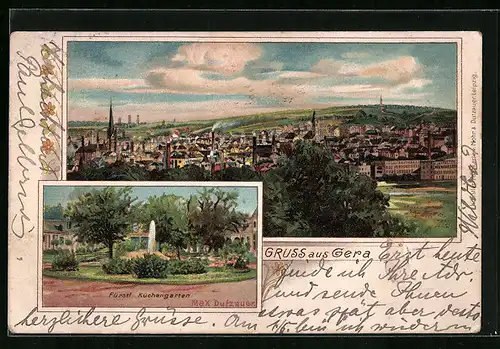 Künstler-AK Max Dutzauer: Gera, Totalansicht, Fontäne im fürstl. Küchengarten