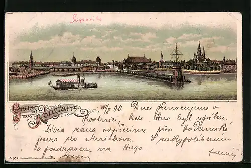 Lithographie Konstanz, Ortsansicht vom Wasser aus, Dampfer