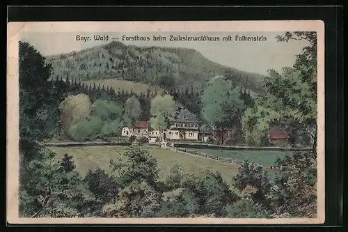Künstler-AK sign. Hans Pernat: Falkenstein /Bayr. Wald, Ortsansicht mit Forsthaus beim Zwieslerwaldhaus