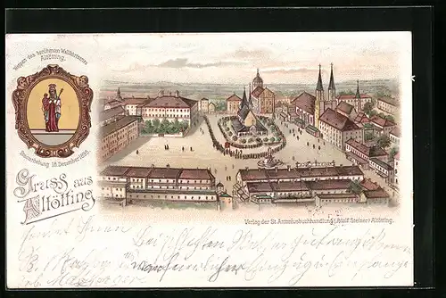 Lithographie Altötting, Marktplatz mit Gasthaus von Adolf Steiner und Kirche, Wappen